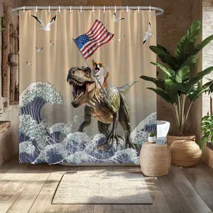 1pc Dinosaur & Dog Riding American Flag Shower Curtain with T-Rex, Chihuahua - Patriotic Bathroom Decor, Fade-Resistant Fabric, 70.8x70.8 Inches, 12 Hooks Included - Themed Parties, Bathtub Decoration, Waterproof Bathroom Curtain