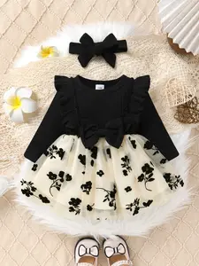 2-piece Casual, Elegant And Cute Baby Girl Dress, Soft And Comfortable, With Bow Decoration And Patchwork Lotus Leaf Edge Butterfly Pattern Embroidered Mesh Princess Dress And Headband