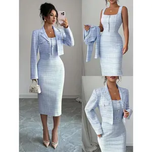 2-Piece Tweed Suit: Elegant Herringbone Blazer Jacket + Sleeveless Fitted Sheath Dress, Chic Ladylike Outfit For Spring/Autumn