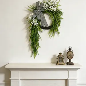 Country Style Waterfall Wreath, Lush Ferns with Bellflowers and Striped Bowties, Spring Floral Front Door Decor, Porch and Wall Decoration