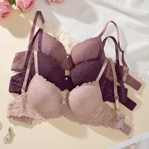 Ecomilky Women's 3-Pack Underwire Push Up Padded Bras - 3-Color Set, Morandi Tones, Anti-Sagging Lift, Adjustable Straps, All-Season Comfort, Elegant Lace, Thanksgiving Romance Lingerie (Pink+Light Pink+Purple)