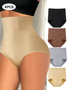 QUASTI 4 Pieces High Waisted Soft Solid Color Briefs For Women, Womenswear Bridal Basic Minimalist Panties,Breathable Tummy Control High Elasticity Hip Lifting Underwear, Three-Dimensional Design Comfortable Birthday Gift For Women,S-XXL