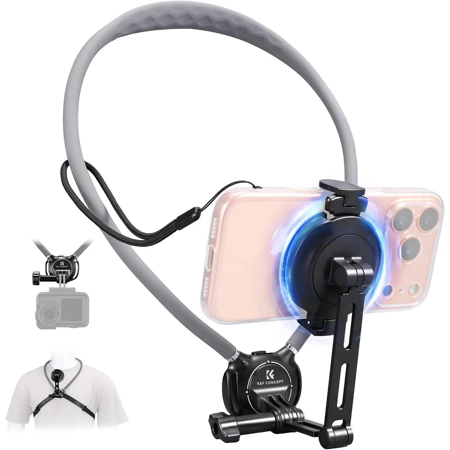 【DealsForYouDays】K&F CONCEPT Neck Phone Holder, 2-in-1 Magnetic & Clip-on Phone Neck Holder, POV Phone Holder, Hand Free Chest Stand Compatible with iPhone 17-12 Seires Android Phones