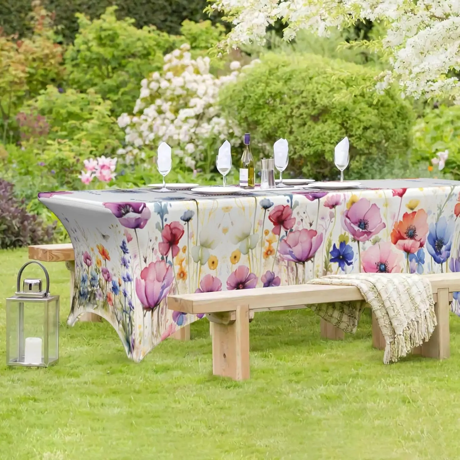 6ft (1.8m) Spandex Blend Wildflower Stretch Fitted Tablecloth - 92% Polyester, Wrinkle Resistant, Washable, No Dry Cleaning Table Protector for Rectangular Garden Tables, Weddings