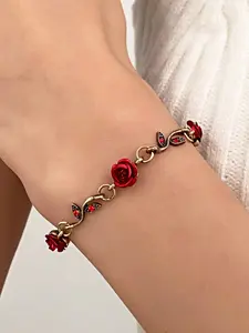 Elegant Rose Flower Chain Bracelet for Women, Floral Decor & Leaf Pendant, Perfect for Anniversary and Party Wear, All Seasons Jewelry