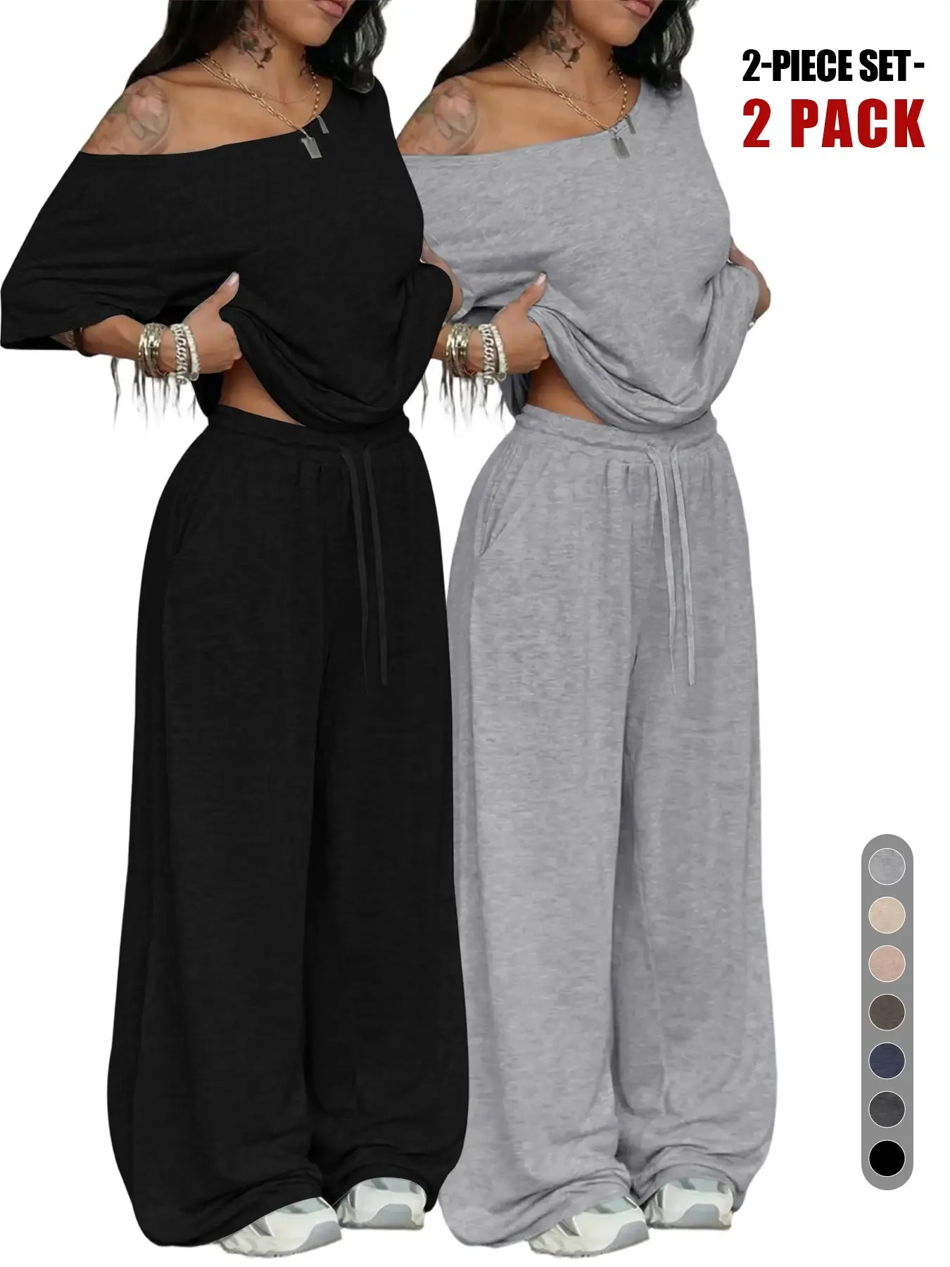 Relaxed Off-Shoulder 2 Piece Set, Oversized Top and Wide Leg Elastic Drawstring Pants for Casual, Daily, Everyday, Streetwear, Comfortable Basic Womenswear Loungewear
