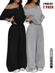 Relaxed Off-Shoulder 2 Piece Set, Oversized Top and Wide Leg Elastic Drawstring Pants for Daily, Everyday, Streetwear, Comfortable Womenswear Loungewear