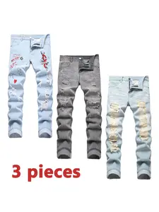 3 Pieces jeans for men , Blue & Grey & Light Blue Stylish Denim Pants Fashion Straight Leg Casual Pants For Men Fathersdaygift Y2k Clothing