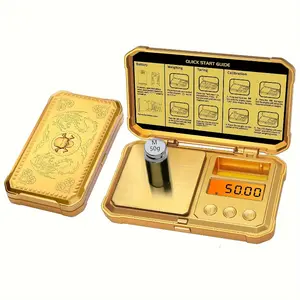 High Precision Digital Pocket Gram Scale 200g x 0.01g - Mini Golden Scale for Jewelry, Diamonds, Arrows, Powders, Medicine with 50g Cal Weights, Battery Operated (Battery Not Included)
