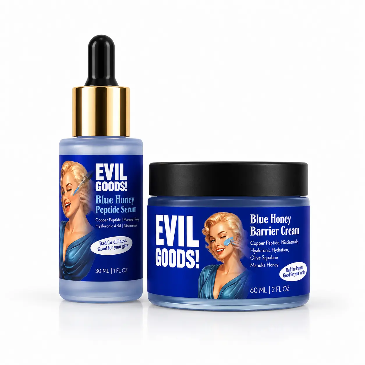 EVILGOODS Blue Honey Copper Peptide Facial Serum & Cream Bundle, Lightweight Daily Hydrating Set with Hyaluronic Acid for Radiant Skin, Moisturizer, Green Tea, Evening, Skin Repair