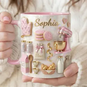 Custom Name Baking Mug 2D Printed 3D Effect, Personalized Coffee Cup with Cake and Bakery Design for Bakers, Moms and Baking Lovers, Perfect for Mother’s Day, Birthdays, Holidays, Kitchen Use, Meaningful Gift Idea