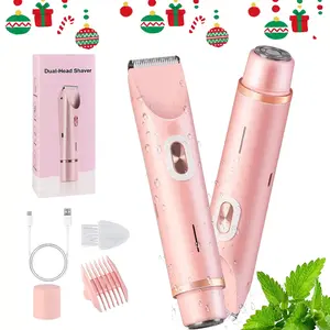 Bikini Cordless Rechargeable Trimmer for Women, Electric Shaver and Razor Rechargeable 2-in-1 Bodyand Facial Hair Removal Double Head forPainless Trimming of Pubic Face UnderarmLegs,IPX7 Waterproof, pink, USB Rechargeable Trimmer