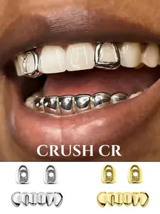 CRUSH CR 18K Gold Plated Open Face Grillz Gift Set for Women Men Single Tooth Caps 6-Teeth Solid Bottom Grillz, Removable, Perfect Birthday, Anniversary, Graduation and Holiday Gift, Suitable for Hip Hop Enthusiasts, Streetwear Lovers Trendsetters