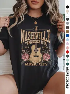 Nashville Tennessee Music City Graphic T-Shirt, Vintage Acoustic Guitar Rose Print Oversized Crew Neck Tee, Women's Short Sleeve Country Western Cotton Top, Trendy Retro Aesthetic Shirt for Music Lovers, Country Fans and Streetwear Enthusiasts