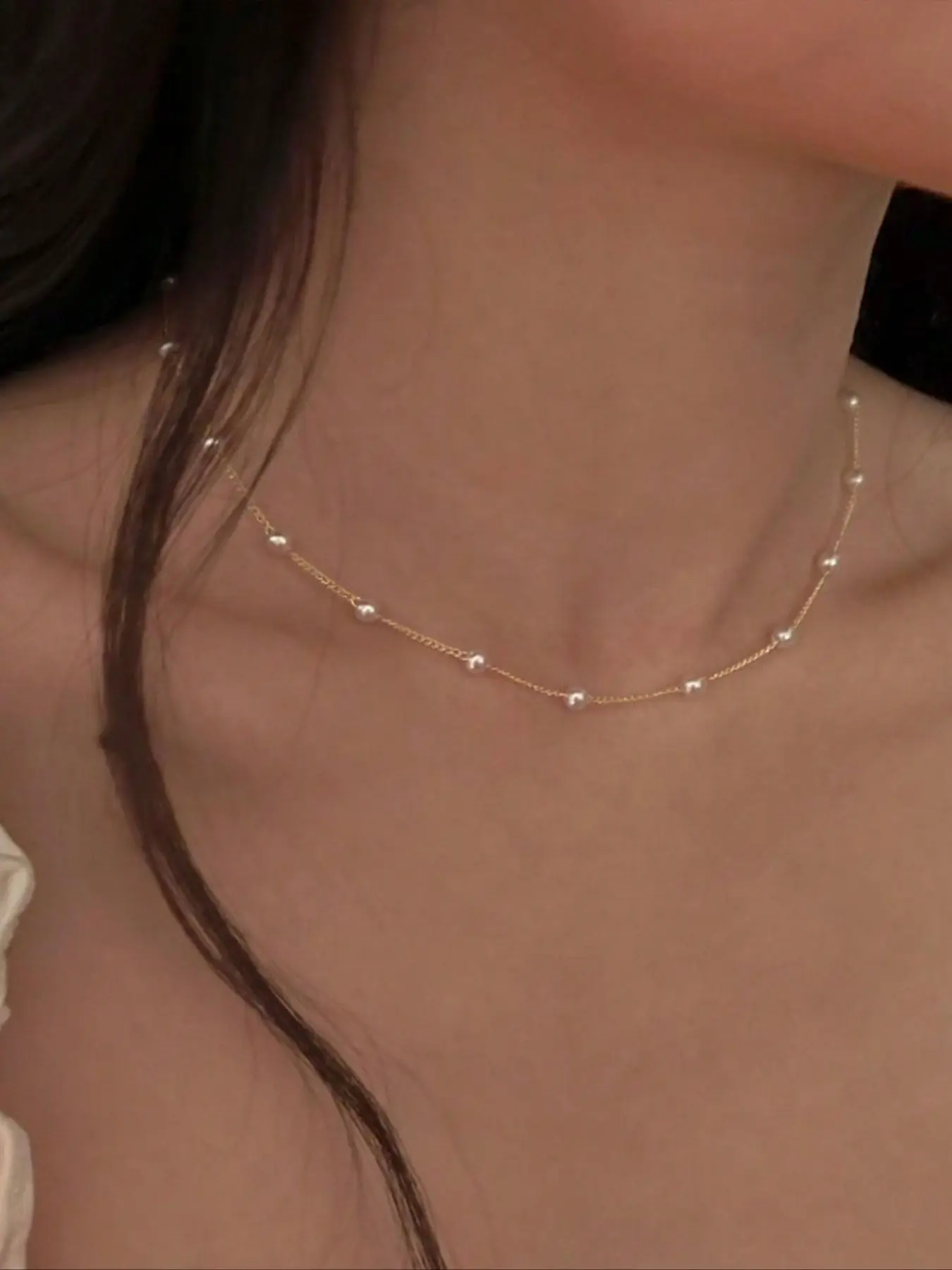 Dainty Tiny Pearl Station Necklace, Thin Chain, Minimalist Floating Pearl Choker, Elegant Women's Daily Jewelry, Pearls Necklace