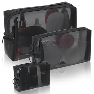 3-Pack Mesh Makeup Bags, Mesh Makeup Bags, Portable Toiletry Bags, Travel Organizer Zipper Bags, Toiletries Makeup Bags, Black Breathable Mesh, Suitable for Home Office Travel Accessories, Black