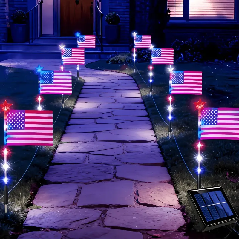 8-Piece Solar American Flag Light Set – Solar Outdoor Lights for 4th of July, Backyard & Garden Decor, Solar Powered Auto On/Off, Waterproof Durable Design, Easy Installation, Perfect for Holidays, Patriotic Celebrations & Year-Round Display
