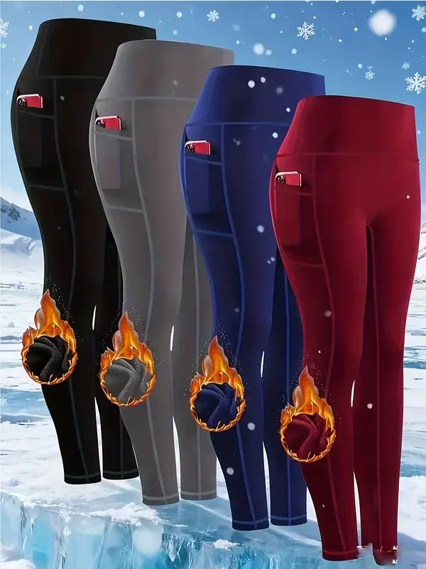 Winter Collection Women's 4pcs -Lined Thermal High-Waisted Compression Leggings Set - Thickened Full-Length Tummy Control Workout Pants with Pockets, Comfortable for Cold Weather, All-Season Gym Running Yoga Pants - Machine Washable Spandex