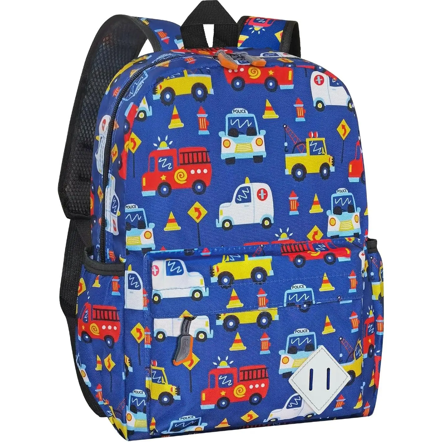 Chic Polyester Unisex 15in Waterproof Kids' School Backpack - Cute Cars Graphic, Double Zip-Closure, Japanese Street Style, Toddler Size, Dark Blue, for 3-8 Yrs Old Preschool Kindergarten, Model F-CPB06, Holiday
