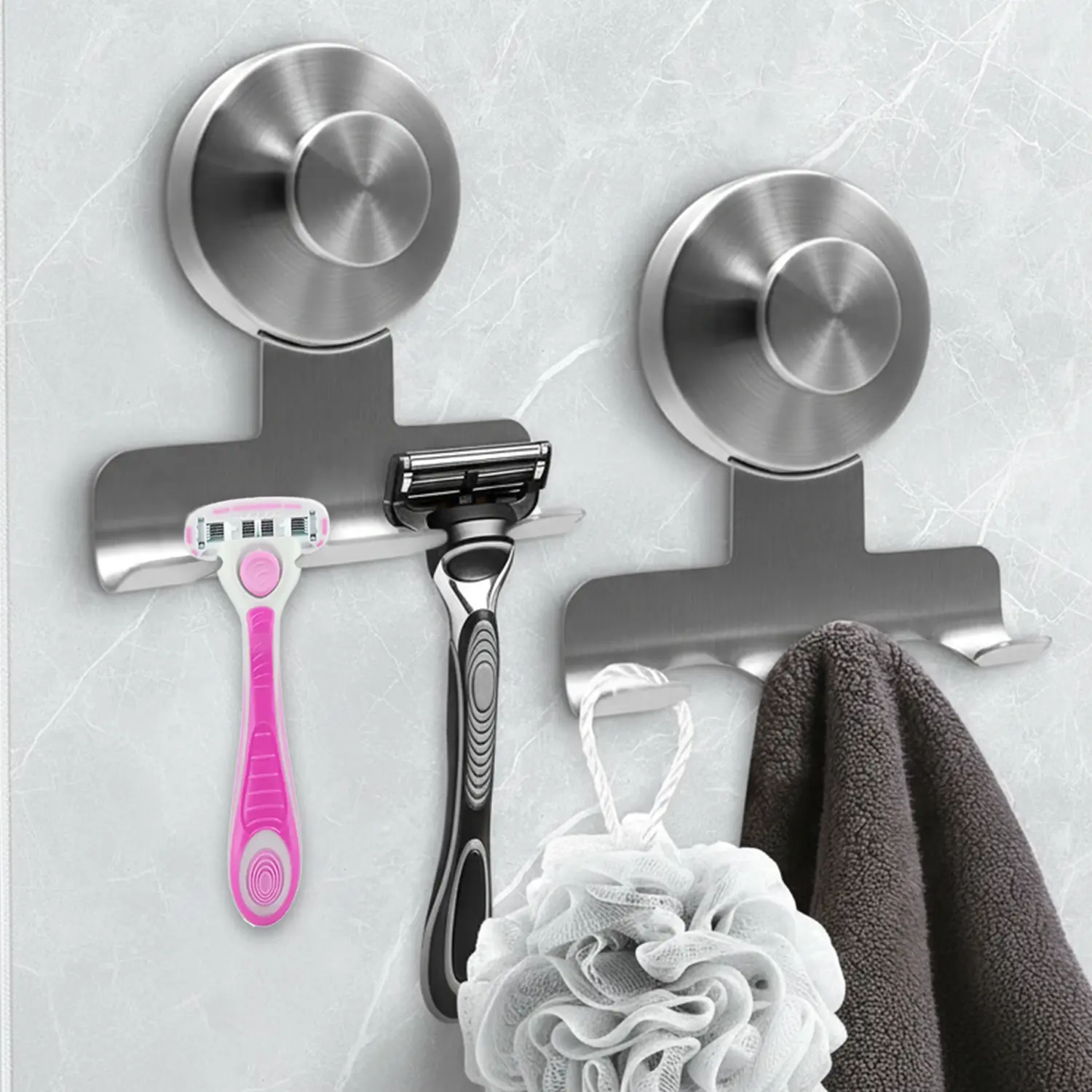 2-Pack Heavy-Duty Stainless Steel Suction Cup Hooks for Shower - Removable Hooks with 2-Pack Convenience, Damage-Free Remove Bathroom Gadgets, Holds Items Like Razor, Shaver, Loofah Stays Handy