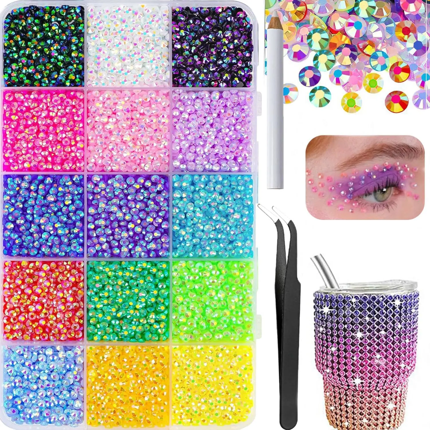 Resin Rhinestone Craft Kit with Colorful Flatback Rhinestones, Tweezers & Pickup Pen, 3MM Gems for DIY Nails, Shoes, Mugs, Books & Crafts