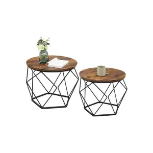 VASAGLE Small Coffee Table Set of 2, Round Coffee Table with Steel Frame, Side End Table for Living Room, Bedroom, Office