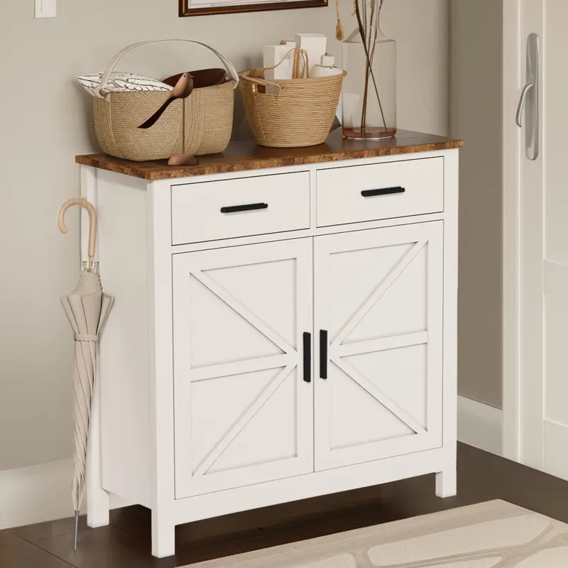 Farmhouse Cupboard - White Durable Painted Wood Kitchen Storage Cabinet, Floor Mounted, 2 Drawers with Full Extension, Barn Doors, 11.4"d x 31.5"w x 31.6"h, 110 lbs, Home Bar/Dining Room Sideboard (Assembly Required)