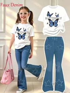 Trendy Girls' Summer Set - Butterfly Print T-Shirt + Denim Star Bell Bottoms, Cute Casual Two-Piece, Slim-Fitting Suit, Summer Clothes Set, Summer Outfits Set