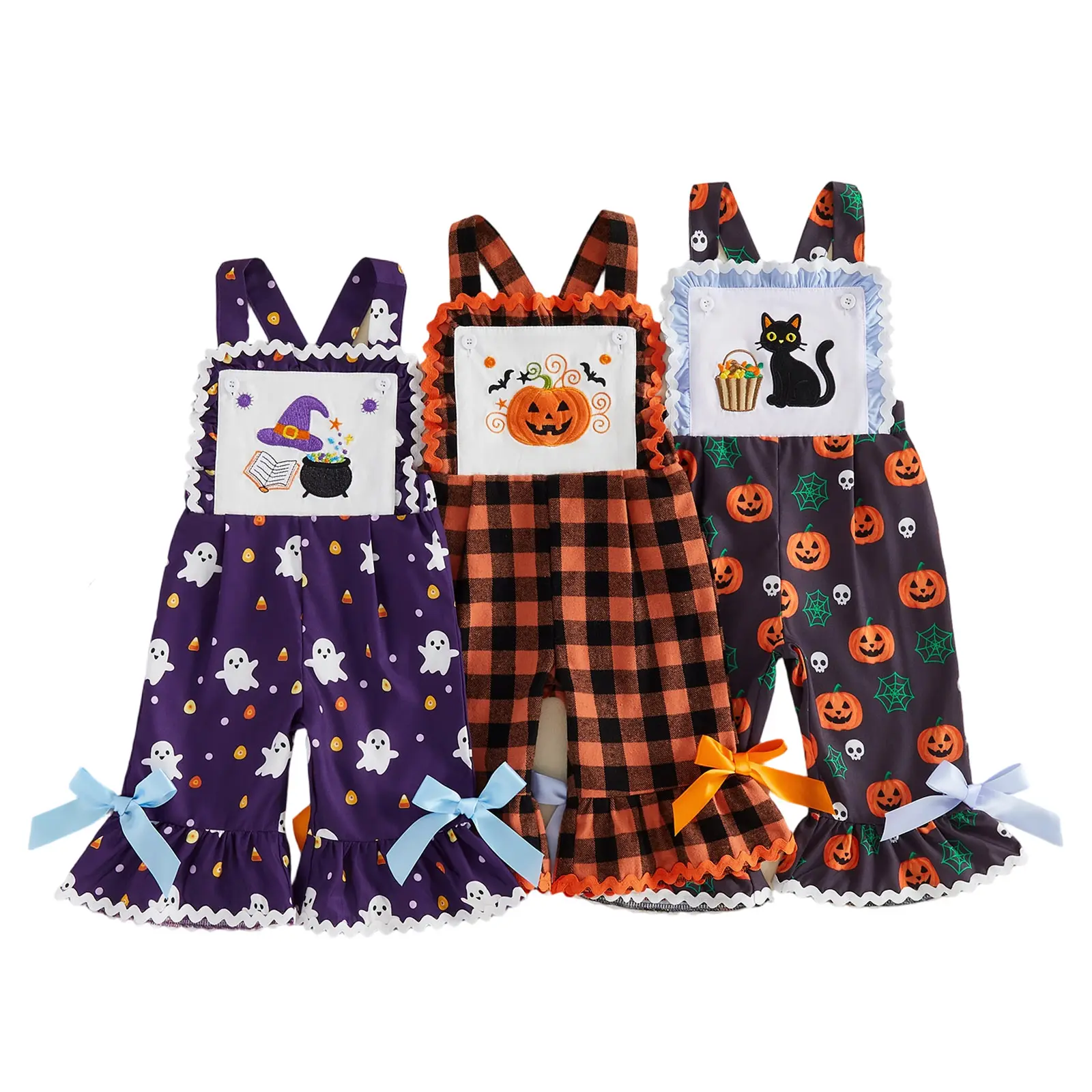 Toddler Baby Little Girl Halloween Overalls with Bows Pumpkin/Ghost/Black Cat Flare Pants Jumpsuit Fall 1-5T