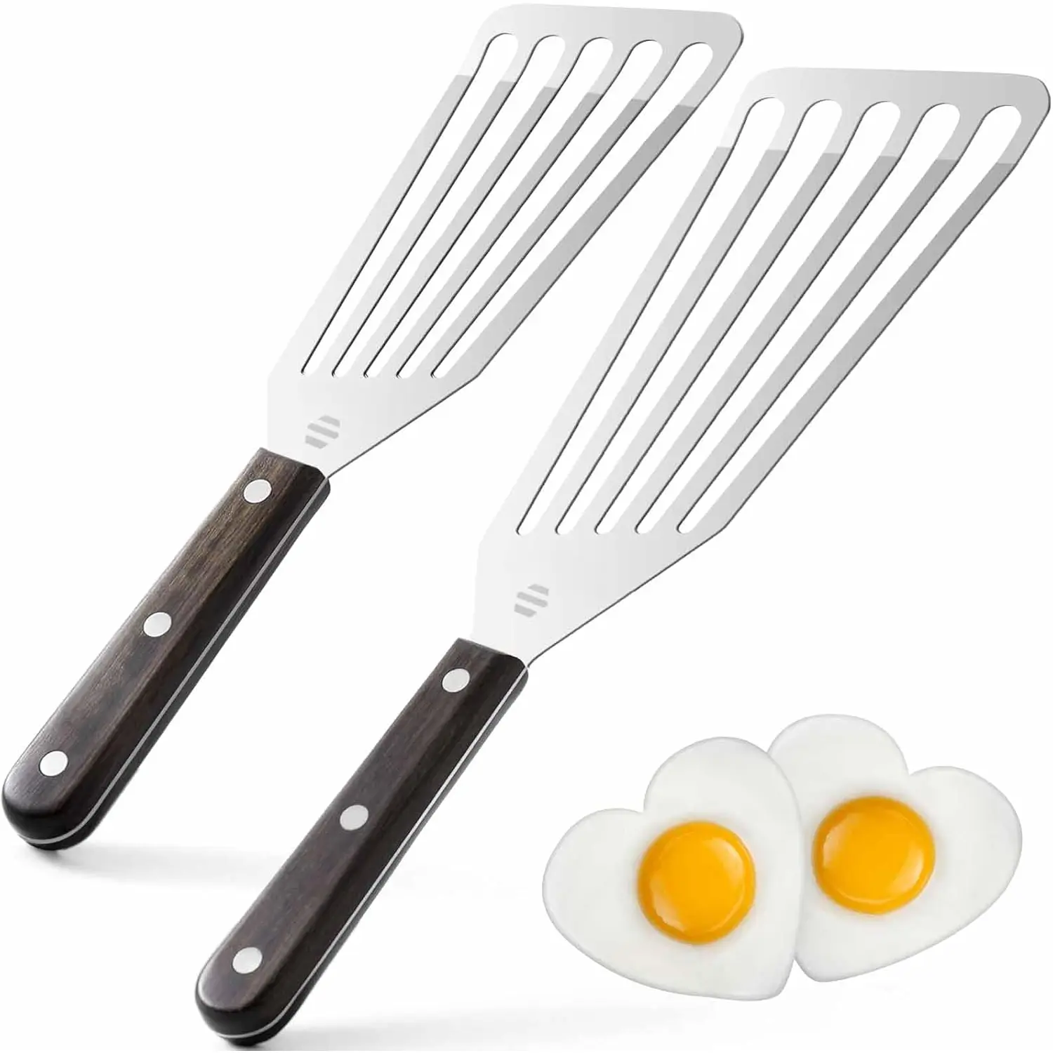 2 Pack Fish Spatula Stainless Steel,Flexible Metal Spatula  for Flipping Eggs, Burgers and Baking, Durable Lightweight Kitchen Slotted Turner for Cooking & BBQ [Wooden Handle]