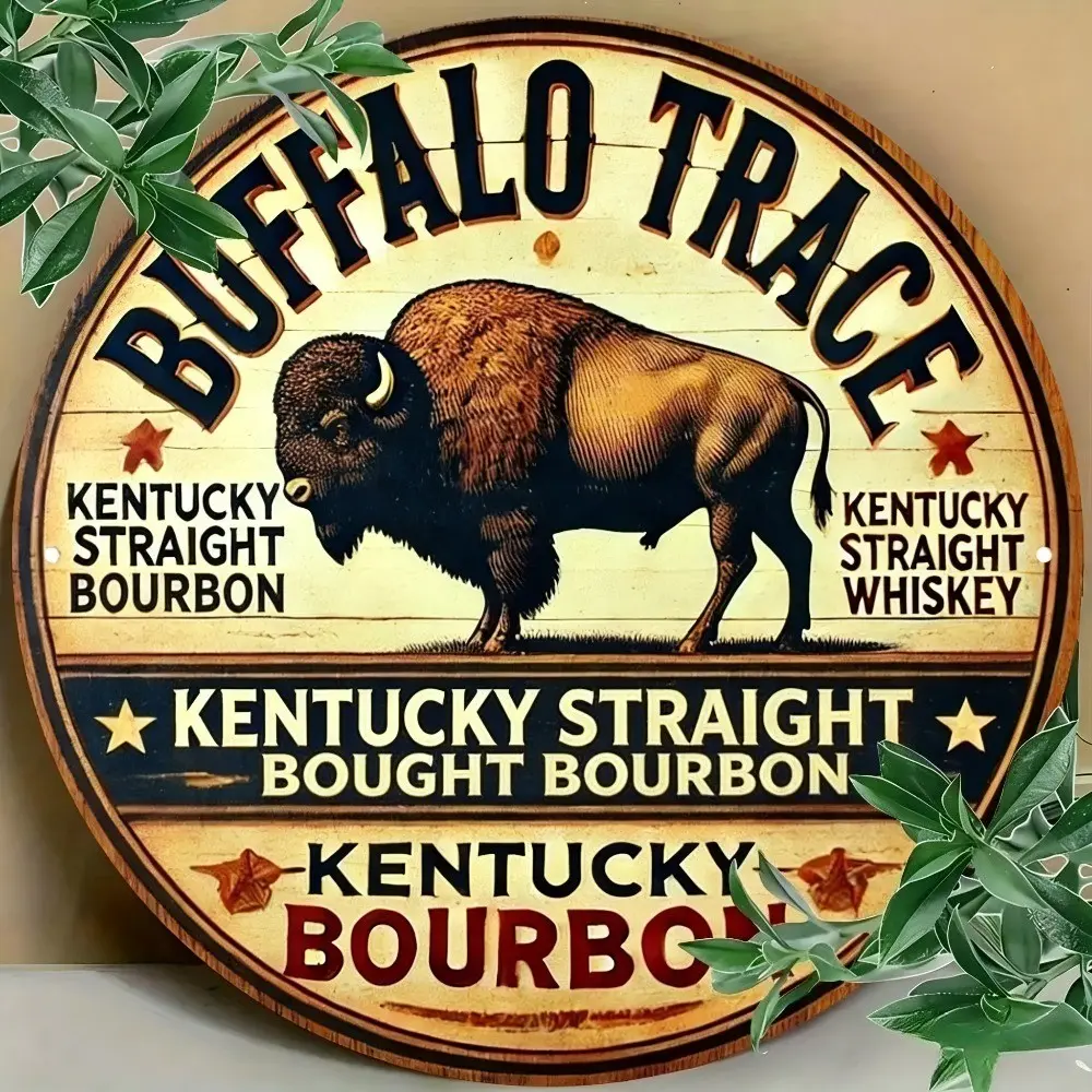 Buffalo Trace Vintage Metal Tin Sign - Rustic Round Kentucky Bourbon Wall Art, Metal Signs, Retro Home Bar & Man Cave Décor, Vintage Decor, Rustic Design