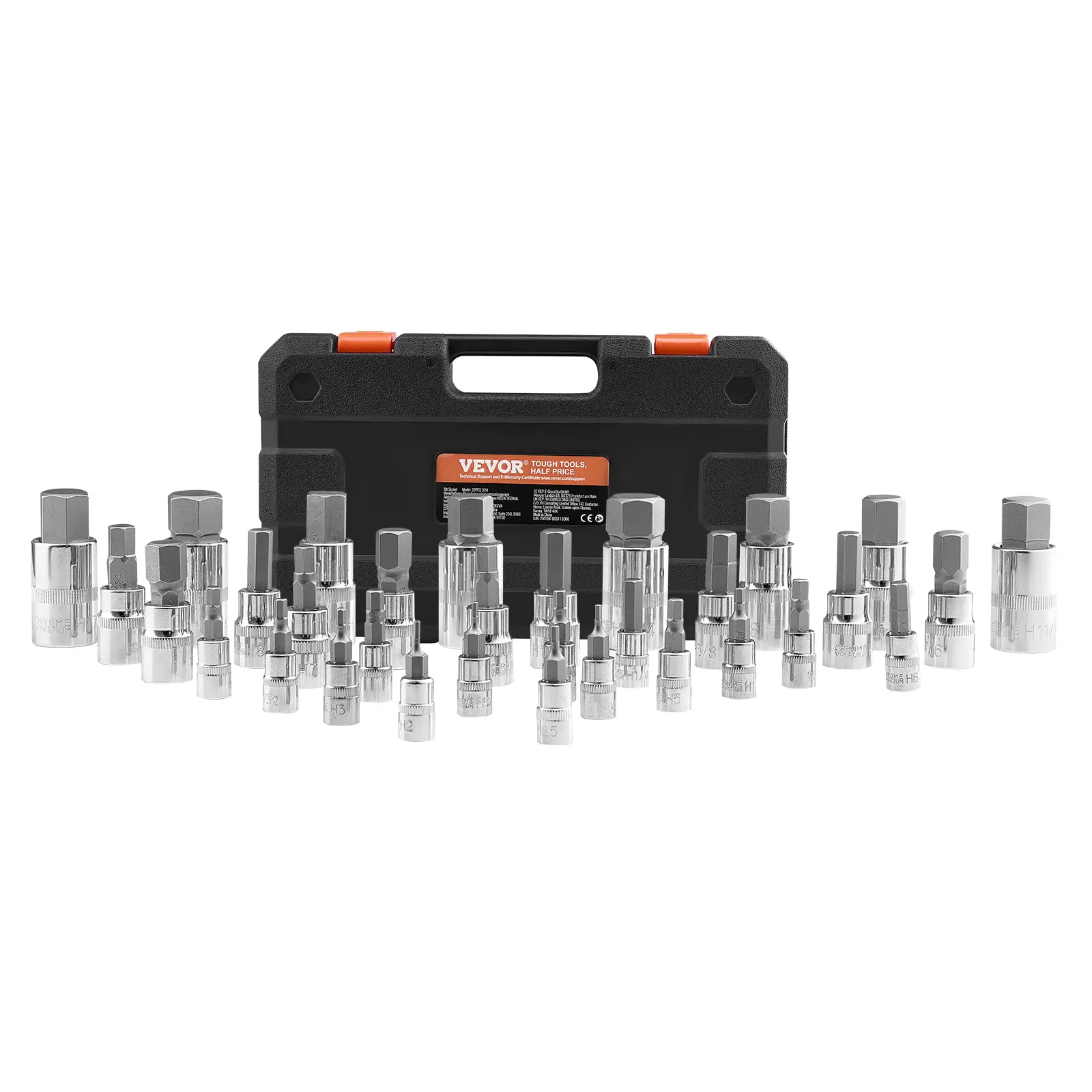 VEVOR 32-Piece Hex Bit Socket Set, S2 Alloy Steel & Cr-V Steel, SAE/Metric, 1/4 in-3/8 in-1/2 in Drives, Rustproof, 2mm Size, Bold Fade-Resist ID, Enhanced Storage Case, Mechanic Tools for Auto Repair