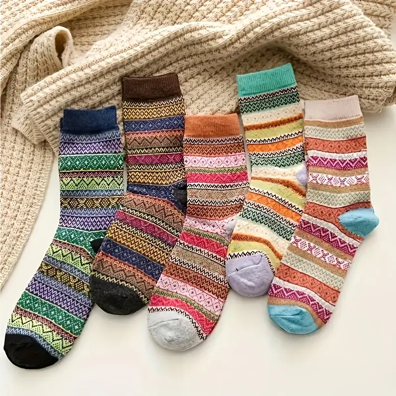 5 pairs womens thick warm socks knitted Nordic winter design cozy thermal insulation perfect for cold weather comfort and seasonal fashion
