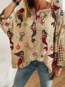 Women's Boho Mermaid Sea Creature Print Short Knit Top Blouse, Batwing Casual Elegant Vacation Style, Comfortable Breathable Loose Fit, Spring Summer Fall Fashion