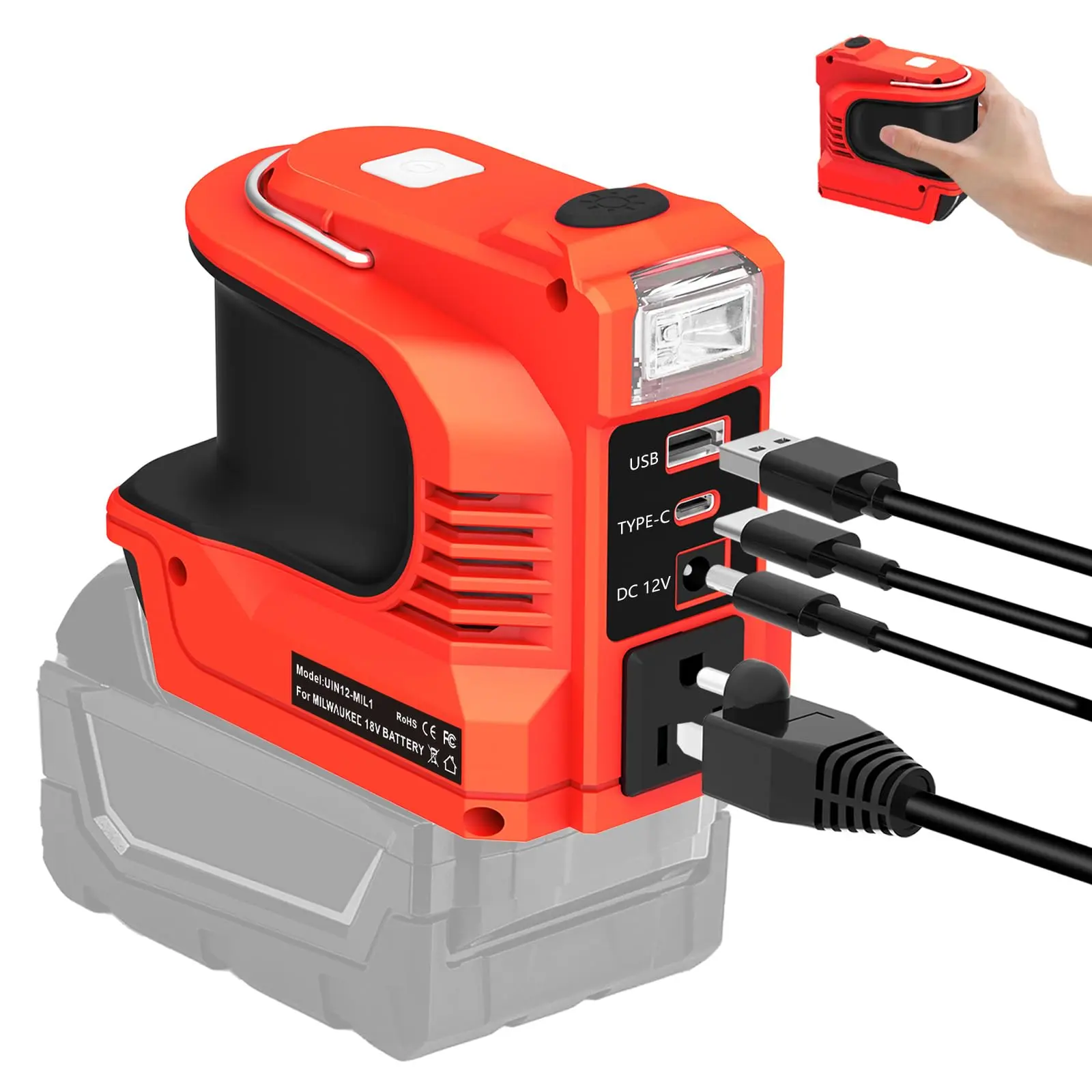 for Milwaukee for M18 Battery Power Inverter 220W, Portable Power Station with AC Outlet QC3.0 USB & PD3.0 Type-C DC 12V Output + 200LM LED Work Light for Camping Job Site Emergency Backup