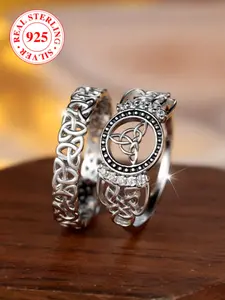 S925 Sterling Silver Ring Set, Triangle Cross Pattern, Couple Memorial Daily Wear Stackable Wedding Rings with Box, Perfect Gift Idea