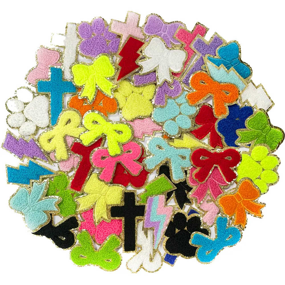 42PCS Colorful Chenille Iron-On Patches Set - 12 Bows, 10 Lightning Bolts, 8 Crosses for Clothing, Hats, Jackets, Backpacks - Ideal for DIY Projects, Teens