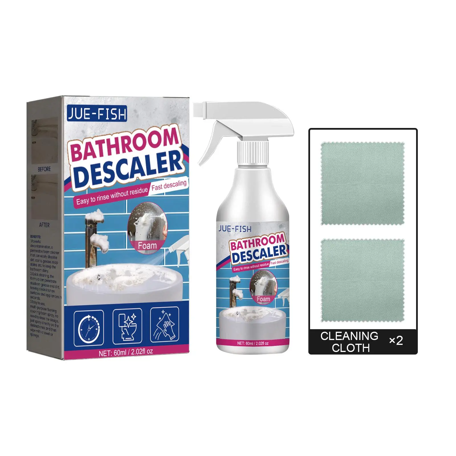 Jue-Fish Bathroom Cleaner Powerful Decontamination Detergent for Shower Glass Scale Stainless Steel Wash Basins and Bathtubs