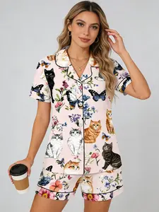Cat Lover Pink Floral Pajama Set for Women, Button Down Short Sleeve, Spring Summer Casual Loungewear, Cat Print, Loose Fit Homewear, Casual Sleepwear Set, Sleepwear Pajamas