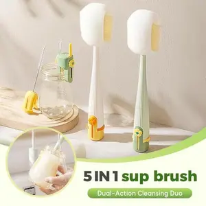 5 in 1 Bottle Cleaning Brush Set, 2025 Multifunctional Lid Brush Cleaning Tool Kitchen, Portable Long Handle Bottles Scrubber for Cup Lids, Hard Bristle Sponge Head Bottle Brushes