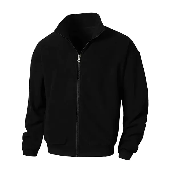Men’s plus-size stand collar zip-up fleece jacket, minimalist solid color, fleece lining for warmth, loose and comfortable fit, suitable for camping, travel, workouts, and everyday streetwear.