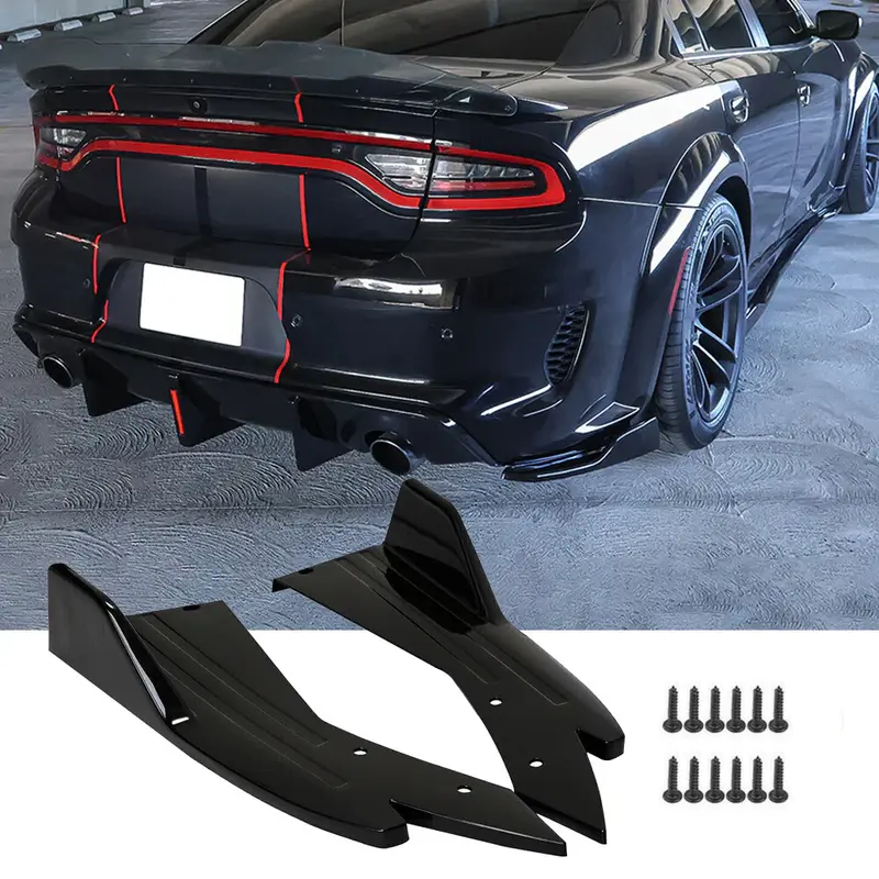 Glossy Black Plastic Rear Bumper Side Diffuser Lip Splitter Canards Scratch Guard - 1 Set Durable Car Exterior Accessory for Dodge Charger, Acura, Genesis