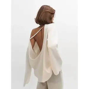 Original Backless O-neck Cotton Knit Sweater Autumn and Winter Women Simple Loose Soft Warm Elastic Daily Office Casual Sweater