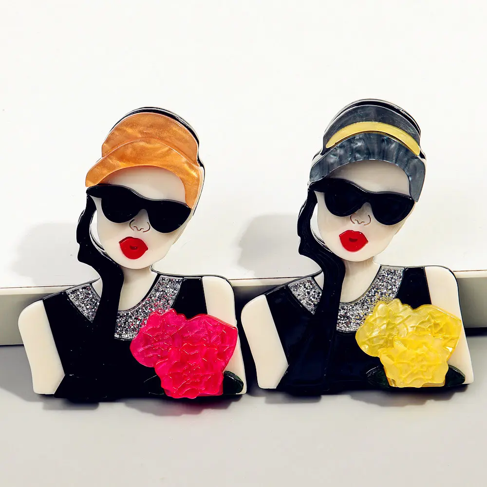LUX-JELWEL - Vintage Rose Flower Lady Acrylic Brooches Pins for Women New Cartoon Sunglasses Girl Figure Brooch Badges Jewelry Accessories