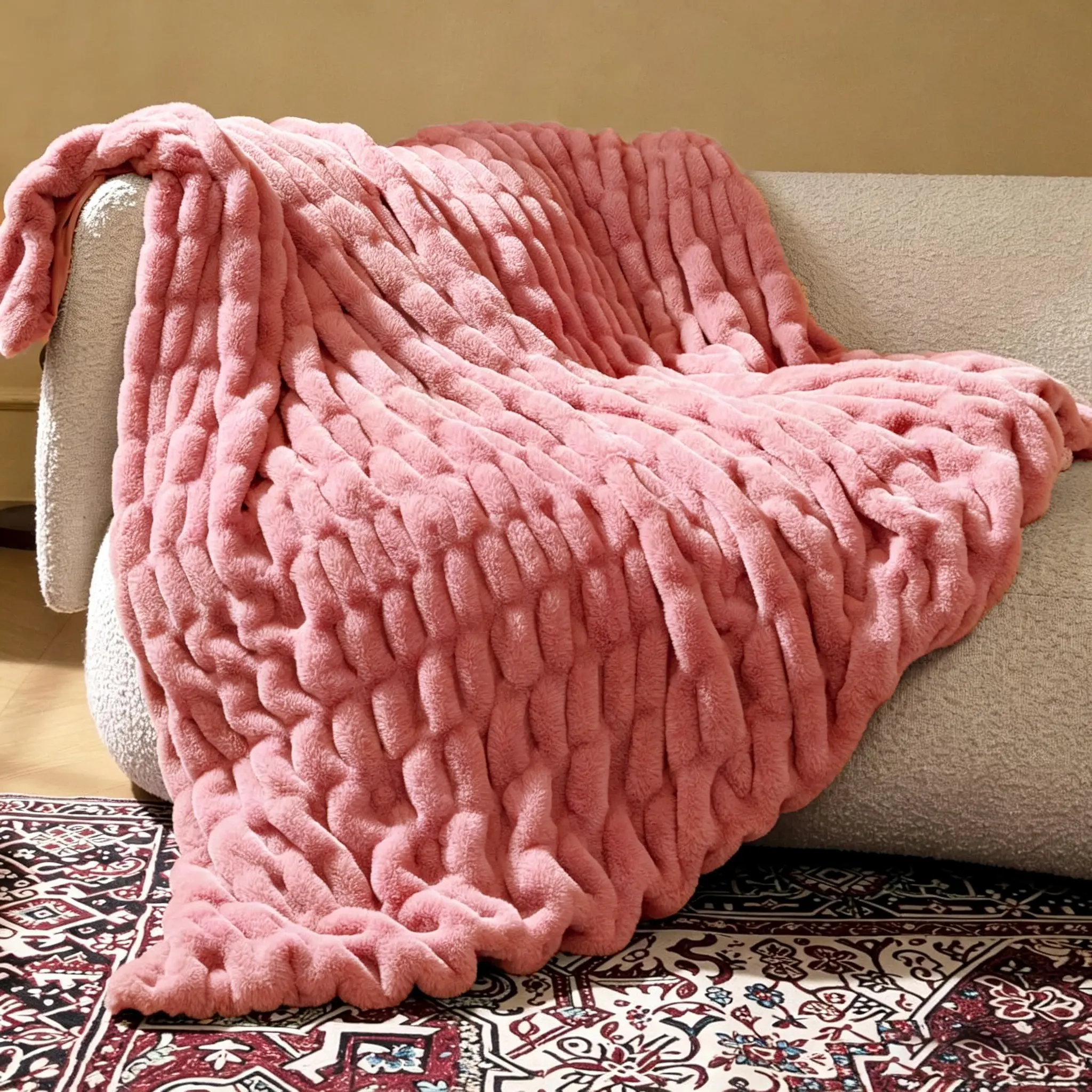 【backtoschool】ROSEKIND The Dreamer Blanket,1000 GSM Ultra Soft Ruched Design Blanket, Luxury Faux Rabbit Fur Throw Blanket,Machine Washable, Cozy Fluffy Blanket for Bed, Couch and comfy Sofa blankets,Anxiety Relief,Dupe,Oversized, Cozy,Fluffy Warmth Throw