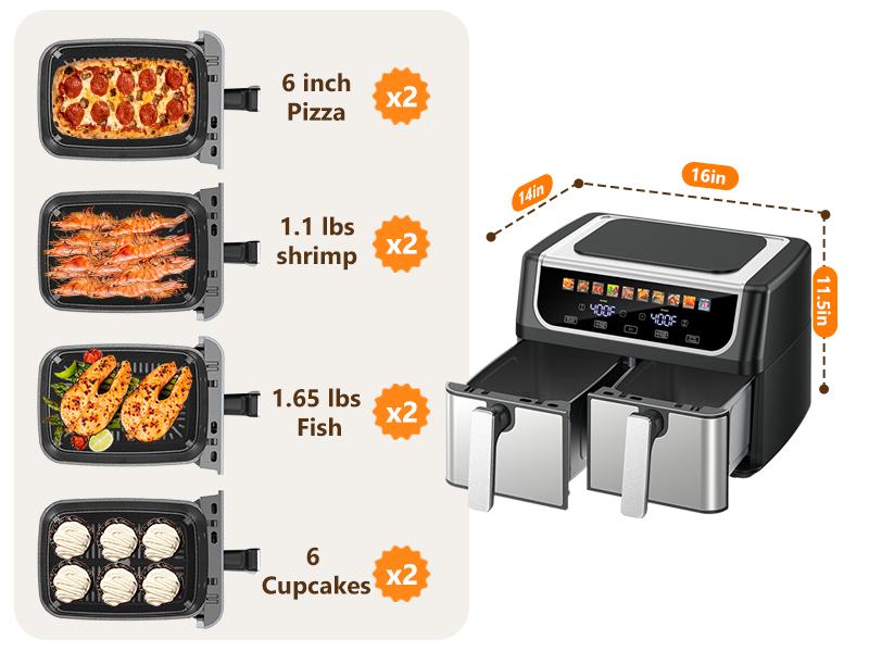 9QT Dual Basket Air Fryer, 2 Independent 4.5Qt Baskets with Sync Finish & Hi-Fry, Double Digital Oven with Easy-View Windows, Nonstick Dishwasher-Safe, Auto Shutoff - Black