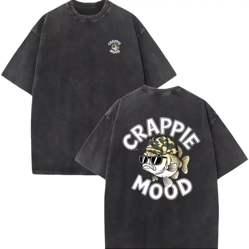 Women's Retro Washed Cotton Short-Sleeve Round Neck Graphic T-Shirt - "Crappie Mood" Quote Print, Camo Style, Fitted Everyday Fit, Sunglasses-Compatible Fishing Casual Top, Shortsleeve, Tshirt