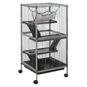 PawHut Metal Small Animal Cage Rolling Big Ferret Cage, Chinchilla Cage, Sugar Glider Cage, with Hammock & 4 Tiers, Removable Tray, White