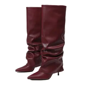 EROCALL Fold Over Boots For Women, point Toe Stiletto Heel Slouchy Knee High Boots Leather Comfortable Slip On Tall Boots Leather Knee-High Slouchy Boots with Ruched Details Pointed Toe Kitten Heel Stylish Statement Footwear for Women SpringStatements