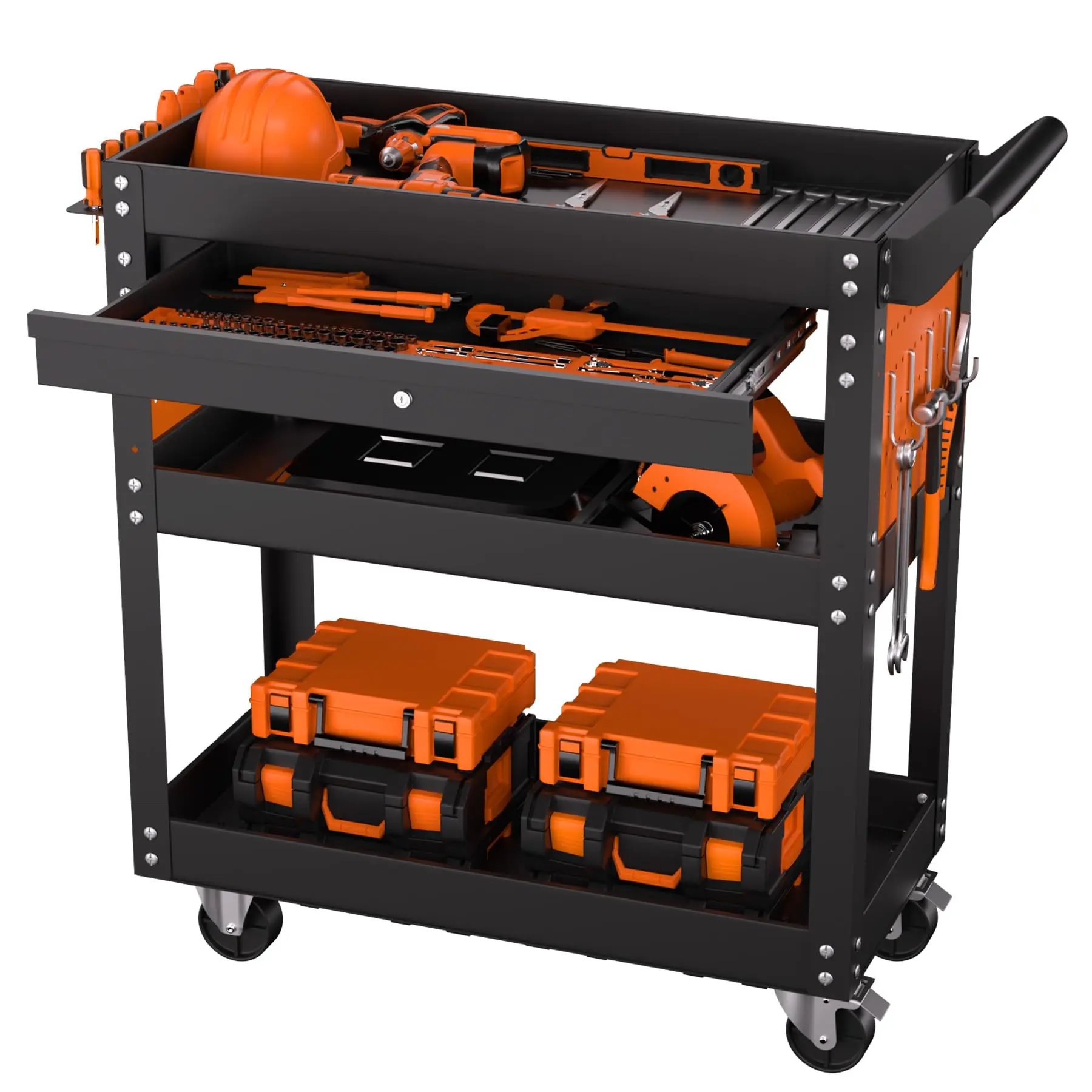 Heavy Duty Rolling Tool Cart with Lockable Drawer, Side Pegboards & Hooks – 4-Tier & 5-Tier Metal Storage Organizer for Garage, Workshop, or Repair Shop, 400 lbs Capacity
